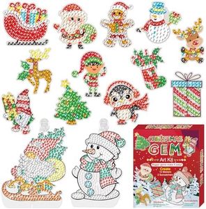 BANBBUR Christmas Gem Art Kit for Boys Girls-Make Your Own 12PCS Christmas Stickers & 2PCS Suncatchers,Gem Diamond Art Painting Creativity Christmas Crafts for Kids