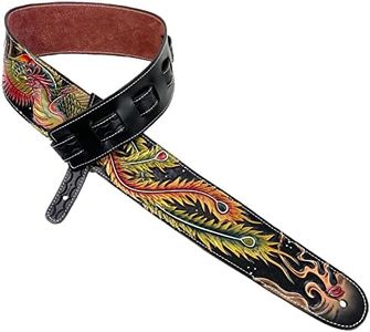 Walker & Williams LC-61 Handmade Super Premium Black Leather Guitar Strap With Carved Phoenix Rising Design And Soft Peccary Back For Acoustic, Electric, And Bass Guitars