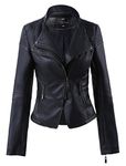 Mooncolour Women Slim Lapel Faux Leather Zip-Up Power Shoulder Bomber Moto Jacket, Black, UK M(Tag 46)