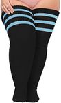 Moon Wood Plus Size Womens Thigh High Socks for Thick Thighs- Extra Long Striped Thick Over the Knee Stockings- Leg Warmer Boot Socks, Black & Blue, Large Plus (C-50)