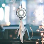 Alynsehom Dream Catcher Car Interior Rearview Mirror Hanging Decor Handmade Grids Nature Feather Small Boho Car Charms Pendant Accessories (blue and grey)