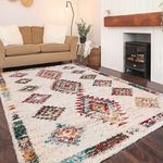 Large Designer Moroccan Super Soft Fluffy Shaggy Area Rug Berber Cream Terracotta Orange Red Thick Stain Resistant Diamond Zigzag Lounge Carpet Mat Living Room Bedroom Hallway Rugs 200cm x 290cm