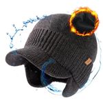 TOP-EX Waterproof 80% Merino Wool Peaked Beanie Hats Men with Ear Flaps Ladies Winter Hats with Brim Warm Fleece Lined Womens Newsboy Baker Boy Caps for Golf Running Grey M/L