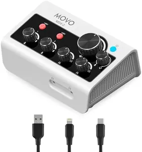 Movo MDX-2 2 Channel XLR Portable Audio Interface – Compact, Battery-Operated Design - Compatible with PC, Mac, iPhone, iPad, and Android, 48V Phantom Power, USB-A, USB-C, & Lightning Cables Included