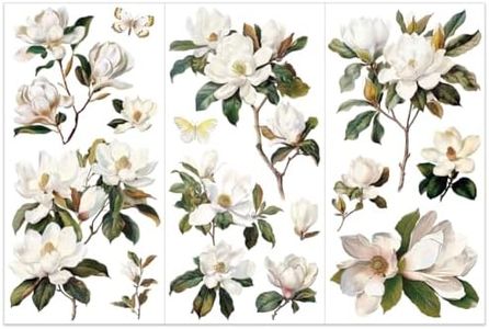 OLYCRAFT 3pcs/Set White Magnolia Rub on Transfers for Crafts and Furniture 6x12 inch Flower Decor Transfer Stickers Vintage Floral Transfers for Wood Furniture Scrapbooking Home Decorations