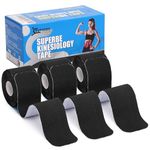 SUPERBE Precut Kinesiology Tapes (3 Rolls Pack), Sports Tape Muscle Tape for Pain Relief, Muscle Support, Recovery and Physio Therapy (Black)