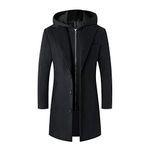 Lisskolo Men's Wool Blend Overcoat with Detachable Hooded Trench Coat Hip Length, Black, X-Large