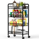 Rolling Cart Storage Trolley - 4 Tier Kitchen Storage Organizer Utility Cart Full Metal Basket Storage Art Trolley Carts with Wheels & 4 Side Hooks (Black)