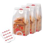 Christmas Cookie Bags 50 Pcs Translucent Treat Bags with Stickers Santa Claus Plastic Bags for Cake Candy Chocolate Snack Bakery Bread Cupcake Donuts Xmas Party Gift Wrapping Bag