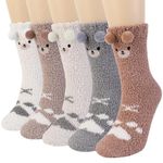 QKURT 5 Pairs Ladies Fluffy Socks, Coral Fleece Winter Soft Sleeping Socks Cartoon Bear Ears Slippers Socks Thermal Bed Socks for Girls,Women