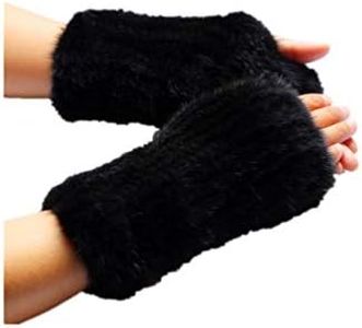 LVCOMEFF Women Knitted Mink Fur Arm Warmer Knitting Glove Mittens Fingerless (black)