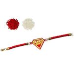 GFTBX Boys Super Bro Designer Acrylic Bracelet Rakhi with Roli Chawal - (Gold, Red)