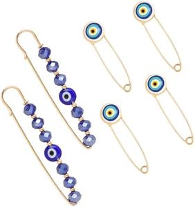 HAIOPS 6Pcs Evil Eye Safety Pins Blue Eye Brooches Crystal Safety Pins for Men Women