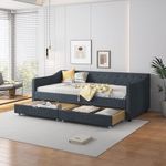 Acosure Twin Size Upholstered Tufted Daybed with Two Drawers,Sofa Bed Frame W/Waved Shape Arms and Button Backrest,Ergonomically,for Bedroom,Guest Room,Apartment,Dark Grey