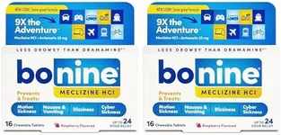 Bonine Non-Drowsy for Motion Sickness Relief, Sea Sickness, Car Sickness, Nausea and Vomiting, with Meclizine Hcl 25mg, Raspberry, Travel-Sized 16ct (Packaging May Vary) (Pack of 2)