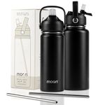 Moon Bottles - Insulated Water Bottle with Straw - Stainless Steel Sports Drink Bottle, Thermal Flask, 24hr Cold, 12hr Hot, Double Walled, Metal Straw, Silicon Spout, UK Company (500ml, Black)