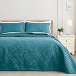 Exclusivo Mezcla Ultrasonic Quilt Set Full Queen Size Teal, 3 Piece Lightweight Bedspread Leaf Pattern Bed Cover Soft Microfiber Coverlet Bedding Set for All Seasons