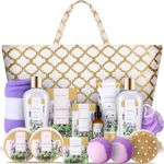 Spa Gift Baskets for Women, Spa Luxetique Lavender Bath Gifts Set, Luxurious 15pc Gift Baskets with Spa Tote Bag, Home Spa Gift Set with Shower Gel, Bath Bombs, Hand Cream, Body Scrub Hair Drying Towel, Perfect Birthday & Christmas Gift ldea