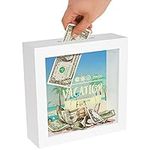 Americanflat 6x6" Money Saving Box with Slot - Vacation Travel Fund Decorative Shadow Box Frame in White with Polished Glass for Wall and Tabletop