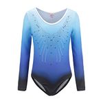 ESHOO Girls Long Sleeve Gymnastics Sparkle Gradient Color Ballet Dance Leotards with Shining Diamond(Long Sleeve Blue,6)