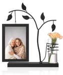 Afuly Picture Frame 4x6 Black Wooden Double Glass Photo Frame with Glass Vase and Metal Tree, Modern Family Photo Frame Christmas Wedding Gift for Mom Grandma