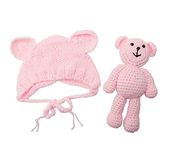 Newborn Baby Crochet Knit Costume Photography Prop Baby Bear Hat and Doll Set (Baby Pink), One Size