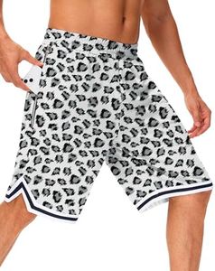 JWM Men's 11" Long Basketball Shorts - Below Knee Mesh Athletic Gym Workout Sport with Zip Pockets Quick Dry Lightweight White Leopard