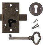 Small Antique Brass Flush Mount Cabinet Door Lock with Key - 1" Wide x 1 3/4" High - Vintage Lock and Key for Furniture Doors and Drawers | UA-030-LAB