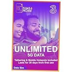 Three UK Data Sim Card Preloaded with UNLIMITED 4G/5G Data. No Contracts, No Commitments, No Credit Checks, No Tie-ins, No Personal ID. (Valid for 1 Month)