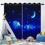 Star Blackout Curtain for Kids Bedroom, Blue Night Sky Window Curtains for Living Room Moon Window Treatment Room Darkening Drapes with Grommets for Nursery Boys Girls Bedroom, 53x84 Inch, 2 Panels