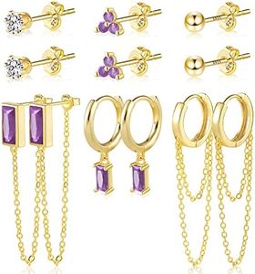 6 Pairs Assorted Purple Earring Sets for Multiple Piercing | 14K Gold Plated Sterling Silver Studs Earrings Huggies Chain Drop Dangle Small Hoop Earing Set for Women