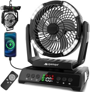 ayamaya Camping Fan with Light 20000mAh Rechargeable Tent Fan with Remote, 9 Speeds Battery Powered Fans with Digital Display, Timer, Auto Oscillation & Hook for Camping, Outdoor Tents, Hurricane