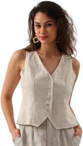 Amazhiyu Womens Pure Linen Sleeveless Button Down Crop Top V Neck Waistcoat Vest, Flax