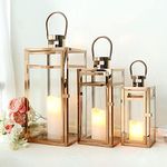 TRIROCKS Set of 3 Stainless Steel Candle Lantern 48cm High Metal Candle Holder with Clear Glass Panels Perfect for Home Decor Living Room Parties Events Tabletop Indoors Outdoors (Rose Gold)