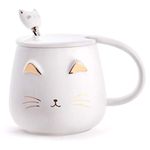 Angelice Home White Cat Mug, Cute Kitty Ceramic Coffee Mug with Stainless Steel Spoon, Novelty Coffee Mug Cup for Cat Lovers Women Girls