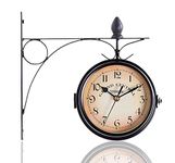 PaMeer Dual faced Station Clock, Round Wall Hanging Double Sided Garden Clock, Wall-Mounted Hanging Station Clock, Outdoor Wall-Mounted Garden Clock - Black