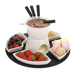 BSTKEY White Ceramic Chocolate Fondue Pot Set Cheese Ice Cream Warmer, 300ml Butter Fondue Set Tea Light Candle Fondue Pot with Wooden Pallet and 4 Forks and 4 Dishes