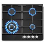 SNDOAS Gas Hob 4 Burners, NG/LPG Convertible, 60cm Black Glass Gas Cooker Hob with Wok Burner, Built-in Cooktop with Flame Failure Protection, 8060W