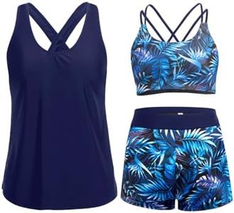 Holipick Blue Leaves 3 Piece Tankini Swimsuits for Women Tummy Control Bathing Suits Swim Tank Top with Bra Boy Shorts Teen Swimwear S