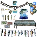 Havercamp Fishing Birthday Party Premium Decorations! Includes: Birthday Banner, Bass Centerpiece, String-of-Fish Banner, 6 Bass Balloons, 12 Photo Props, 1 Cake Topper Candle & 1 Plastic Tablecover.