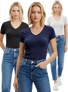 Emmalise Women's Plain Short Sleeve V Neck T Shirt(3P-Blk/Nvy/Wht-1X)