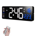 FineFizz 16" Digital Wall Clock Large Display, 12/24H Gym Clock, LED Wall Clock with Alarms, Date, Temperature, Remote Control, Large Digital Clock for Office (Corded Use Only) (Blue)