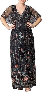 Kiyonna Women's Plus Size Floral Embroidered Elegance Evening Gown | Flattering Long Formal Mesh Dress w/Sleeves, Onyx, 1X