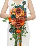 Serwalin Orange Wedding Bouquets for Bride Bridesmaid, Fall Cascading Teal Bridal Bouquets for Bride, Artificial Wedding Flower Bouquet for Autumm Wedding Ceremony Bridal Shower and Anniversary