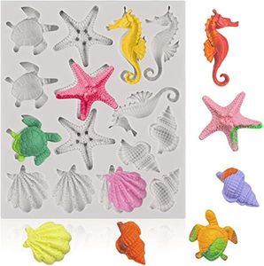 Marine Theme Fondant Silicone Molds, Seashell, Conch, Seahorse, Starfish, Tortoise Silicone Mold for Cake Decoration, Chocolate Candy Sugar Craft