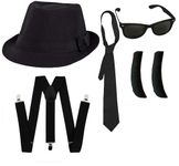 I LOVE FANCY DRESS ADULTS BLUES COSTUME SET - BLACK TRILBY HAT, SUNGLASSES, SIDEBURNS, BLACK TIE & BRACES (58 CM HAT)