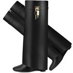 CDHYX Fold Over Boots for Women Pointy Pull-on Wedge Heel Knee Shark Boot With Side Zipper Padlock Design, Black, 11