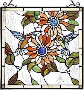 Capulina Stained Glass Panels Window Hangings Sunflower and Birds Tiffany Style Traditional Art Handcrafts for Home Decor and Gifts