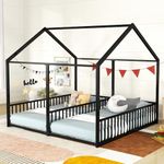 Double Floor Bed for Twins,Twin Size House Bed for 2 Kids,Two Shared Beds,Twin House Platform Beds,Metal Floor Bed Frame with Rails for Girls,Boys(Black)