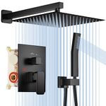 Shower System, HotQing Rainfall Shower System with High Pressure 12 inch Shower Head Hand Held Square Shower Head Bathroom Luxury Rain Mixer Shower Complete Combo Set Wall Mounted Matte Black